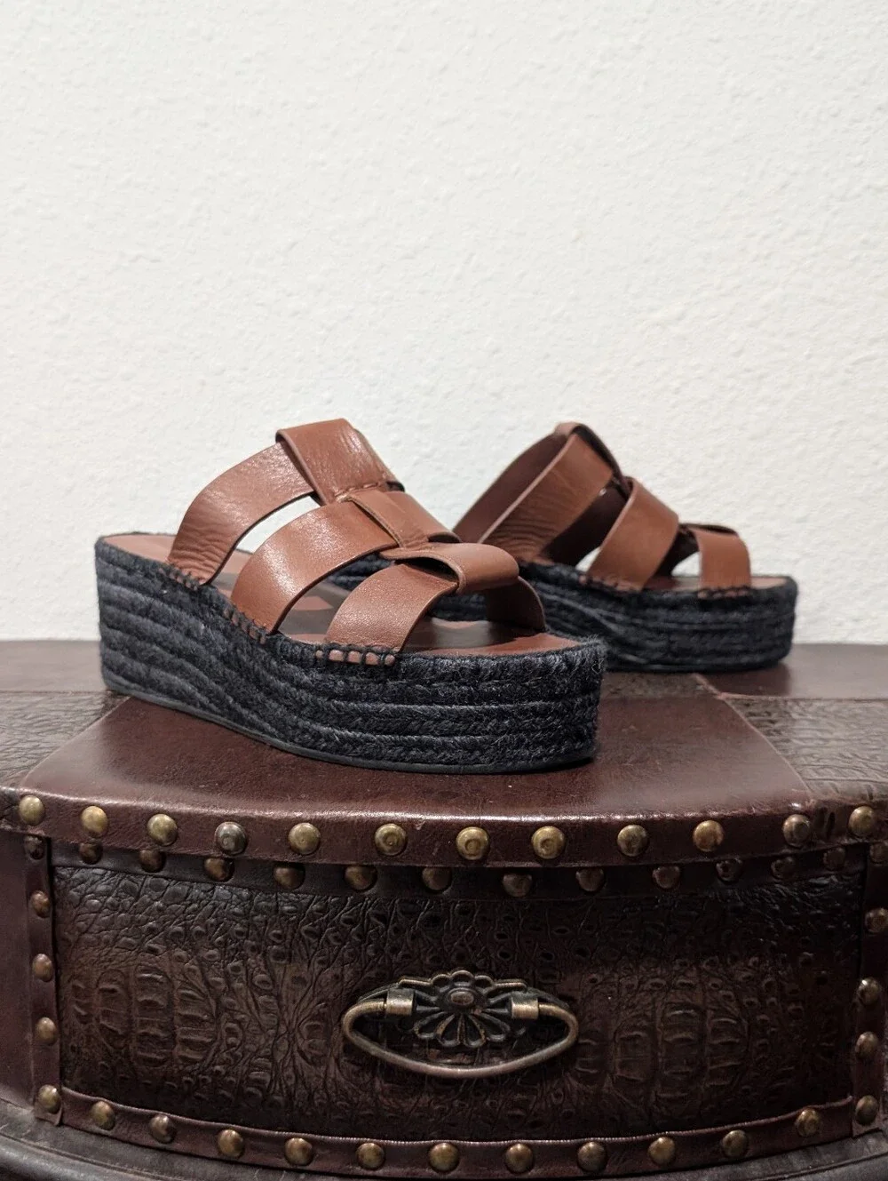 Vince Mahogany Leather Espadrille Platform Wedge Slide Sandals - Size 9M